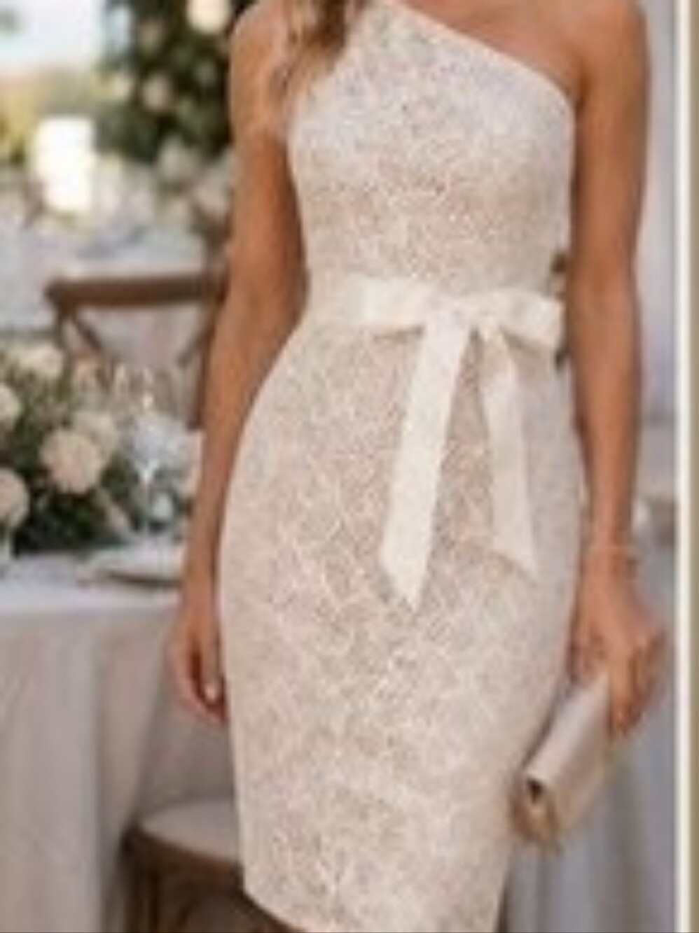 Tadashi Shoji Embroidered Cream Dress 10 One Shoulder Lace White Beige Sheath